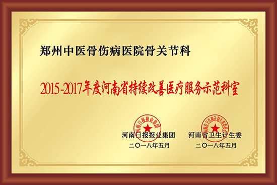 郑州中医骨伤病医院骨关节科：2015-2017年度河南省持续改善医疗服务示范科室