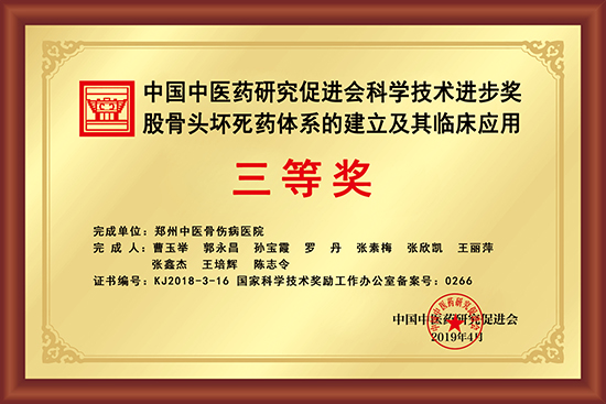 中国中医药研究促进会科学技术进步奖股骨头坏死药体系的建立及其临床应用三等奖